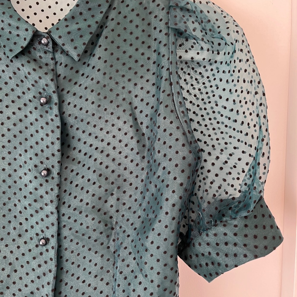 Haute Monde Green Puff Sleeve Sheer Polka Dot Button Down Blouse Size Small